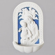 6" Della Robbia Style Madonna and Child Holy Water Font. Dimensions 6"H X 3.625"W X 1.75"D.  Gift boxed. Resin/Stone mix.