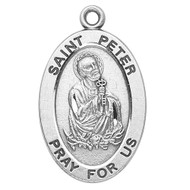 Patron Saint of Bakers, Bridge builders, Butchers, Fishermen, Harvesters, Locksmiths, Net makers, The Papacy ~ 7/8" sterling silver oval medal with a 20" genuine rhodium plated chain. 
Dimensions: 0.9" x 0.6" (22mm x 14mm)
Weight of medal: 1.9 Grams.
Comes in a deluxe velour gift box. Engraving option available.