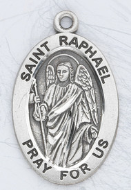 Patron Saint of Doctors, Nightmares, Mental Illness, Young People, Travelers ~ 7/8" sterling silver oval medal with a 20" genuine rhodium plated chain. 
Dimensions: 0.9" x 0.6" (22mm x 14mm)
Weight of medal: 1.9 Grams.
Comes in a deluxe velour gift box. Engraving option available.

