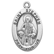 Patron Saint of Deacons, Equestrians & Coffin Makers. 1st Christian Martyr. Sterling silver 7/8" oval medal with a 20" genuine rhodium plated chain.  Comes in a deluxe velour gift box. Engraving option available.