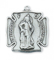 Sterling Silver Saint Florian Medal. Saint Florian is the Patron Saint of Firefighters. St Florian Stainless Steel 1 1/16"L Medal comes on a 24" Rhodium Plated Chain.  A deluxe gift box is included. 

