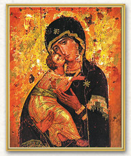 Italian art plaque of Our Lady of Vladimir. Our Lady of Vladimir measures 8" x 10". the plaque is laminated and has gold trim on a thick board. Gift Boxed