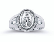 Sterling Silver.Miraculous Medal Ring. Bordered by two crystal cubic zirconium. Sizes 5-8. Miraculous Medal Ring comes in a deluxe velour gift box. Made in the USA. Limited Lifetime Guarantee from defects in material and workmanship