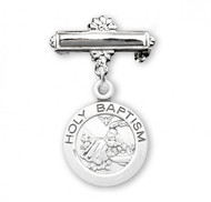 1 3/16" Holy Baptism Round Pendant-Pin. Baptism Baby Bar Pin comes in either .925 Sterling Silver or 16k Gold over Sterling Silver. Dimensions of medal: 1.1" x 0.6" (29mm x 15mm). Weight of medal: 2.0 Grams. Engraving on bar available. Comes in a deluxe velour gift box. Made in USA.