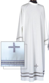 Choose an Alb in cotton/polyester (40% Cotton and 60% Polyester) with one lace insert or mixed wool 45% Wool/55% polyester with two lace inserts. Albs have an Embroidered Cross on Lower Front of Alb. Alb has zipper on shoulder
Size Chart
X-Small: Back Length- 55", Sleeve Length- 31", Fit Height-5'4" to 5'6" 
Small: Back Length- 57", Sleeve Length- 32", Fit Height- 5'7" to 5'9"
Medium: Back Length-59", Sleeve Length- 33", Fit Height- 5'10" to 5'12"
Large: Back Length-61", Sleeve Length- 34", Fit Height- 6'1" to 6'4" X-Large: Back Length-63", Sleeve Length- 35", Fit Height- 6'5" +
These items are imported from Europe. Please supply your Institution’s Federal ID # as to avoid an import tax. Please allow 3-4 weeks for delivery if item is not in stock