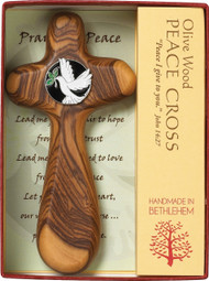 3.75" Peace Holding Cross is handmade in Bethlehem! Sculpted from olive wood that grew from roman trees that have been growing since the time of Christ with the symbol of the Dove and the Olive Branch in the center. No two crosses are alike! Gift Boxed and Prayer included

 
 