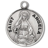 Round St. Angela Medal w/18" Chain - Sterling silver St. Angela Medal comes with an 18" genuine rhodium plated fine curb chain in a deluxe velour gift box.  Dimensions: 0.9" x 0.7"(22mm x 18mm).  Made in USA. Engraving Option Available