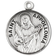 7/8" Round St. Apollonia Sterling silver with a 20" genuine rhodium plated curb chain. Medal comes in a deluxe velour gift box. Engraving option available. Made in the USA