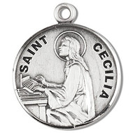 Round St. Cecilia w/18" Chain. Sterling Silver St Cecilia medal comes on an 18" Genuine rhodium plated fine curb chain. Dimensions: 0.9" x 0.7"(22mm x 18mm). Weight of medal: 3.3 Grams.. Medal is made in USA and comes in a deluxe velvet gift box. Engraving Option Available