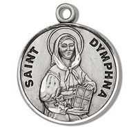 Saint Dymphna Medal- Round St. Dymphna w/18" Chain - Boxed. Made of only the finest materials, our Medals are all sterling silver with a genuine rhodium-plated,stainless steel chain in a deluxe velour gift box. Engraving available. Made in the USA