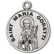 Saint Maria Goretti Medal ~ Round Solid .925 sterling silver St. Maria Goretti medal/pendant. Saint Maria Goretti is the Patron Saint of teenage girls, and purity.Medal comes on an 18" genuine rhodium plated fine curb chain. Presents in a deluxe velour gift box. Dimensions: 0.9" x 0.7"(22mm x 18mm). Made in the USA.  Engraving Available