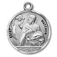 Saint Matthew Medal ~ Solid .925 sterling silver round St. Matthew medal/pendant. Saint Matthew is the Patron Saint of bankers, tax collectors, accountants, and bookkeepers. A 20" Genuine rhodium plated curb chain and  a deluxe velour gift box are included. Engraving Available. Made in the USA