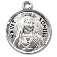 Saint Sophia Medal ~ Solid .925 sterling silver Saint Sophia round medal-pendant. Saint Sophia is the Patron Saint of widows. An 18" Genuine rhodium plated fine curb chain and a velvet gift box are included. Dimensions: 0.9" x 0.7"(22mm x 18mm). Made in the USA. Engraving Available