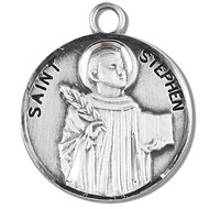 Solid .925 sterling silver Saint Stephen round medal-pendant. Saint Stephen is the Patron Saint of Deacons, bricklayers, and stonemasons. A 20" Genuine rhodium plated curb chain and a deluxe velour gift box are included. Dimensions: 0.9" x 0.7"(22mm x 18mm). Made in the USA. Engraving Option Available