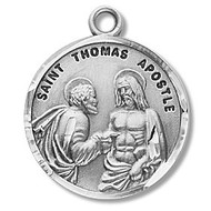 Saint Thomas the Apostle Medal  ~ Sterling silver round St. Thomas the Apostle on a 20" Genuine rhodium plated curb chain.  Saint Thomas the Apostle is the Patron Saint of architects, builders, geometricians, and carpenters.Medal comes in a deluxe velour gift box.  Dimensions: 0.9" x 0.7"(22mm x 18mm)Made in the USA. Engraving Option Available