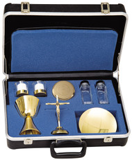 Mass Kit K265 ~ 18" x 12" x 5" sturdy molded case. 6"H. chalice (10 oz. cap.),. 5-1/2" dia. paten, host box (3-1/2" dia., 75 host cap.), two 4 oz. glass bottles. Two 10-hour glasses with candles. Compartments for vestments and missal. Gold plated. Comes with or without paten, please select option when ordering. 