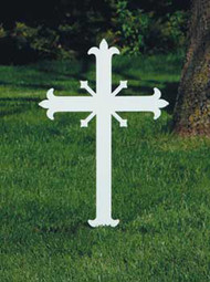 Fleur-de-Lis Cross,  Without Plaque. Memorial Crosses: Steel cross, 20"H in ground; 31"H overall; 13"W, 3/16" thick. Durable protective white powdercoat finish. Mounted Plaques: Engraved plaques for above cross. 1" x 3". All bright brass with  "With "In Memory of" and the deceased persons name engraved Flat Fee  $15.00. All Bright Brass Blank Plaques $9.50. Engraving Plaques - See Item KOL-ENG1