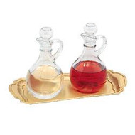 Cruet & Tray Set. Satin Finish Brass Tray measures 7 1/4" x 10". Cruets 6" High, 10 oz. Capacity. Tray and Cruets can be purchased separately