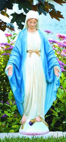 33" Blessed Mother Outdoor Cement Statue. Decorate your garden with this beautiful statue of the Blessed Mother. This handcrafted statue comes in a detailed stain or natural cement color. 
Statue is 32.5"H. Weight is 78lbs. Dimensions : 14.5"Width. 
The Base is 8.25" Sq. 
NOTE: Statues are hand crafted and take 4-6 weeks for delivery.