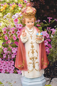 This statue of the Infant of Prague is a unique and beautiful addition to your garden. This statue comes in two finishes, natural cement and detailed stain.  
Dimensions: 25"H x 10.5"W x 6"BL x 7"BW
Weight: 37 lbs
Handcrafted and Made to Order ~ Allow 4-6 weeks for delivery.
Made in the USA
