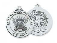 Navy Medal Sterling Silver 1" Round Medal. Navy/St Michael Medal comes with a 24" Rhodium plated chain. St. Michael depicted on back of medal. Gift Boxed