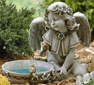 11" Solar Angel Birdbath, Outdoor statue . Dimensions: 10.75"H x 14"W 9"D . Resin/Stone Mix. Weight is approx. 6 lbs.