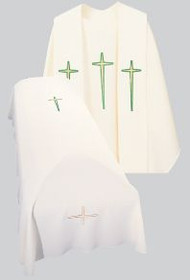 Resurrection Mass Set Funeral Chasuble with long Cross Design embroidered on front and back.
Tailored in no iron textured polyester. Coordinating Funeral Overlay Stole (711) and Pall (368) are sold individually. Genuine Swiss Schiffli embroidery has been generously applied in a combination of multi and single color embroideries, front and back.