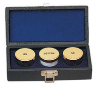 Baptismal Set. Oil Containers 1-1/2"D. OS, SC and Cotton. Case 6" x 3" x 2-1/4"D. Stainless Steel or 24K Gold plate