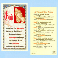 Serenity Prayer in full color. A Thought for Today on reverse side. Clear hard lamination. Size: 2-1/2" x 4-1/2".
