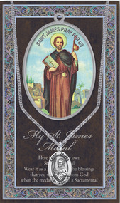 Patron Saint of Veterinarians . 3" X 5" vinyl folder with removable oxidized medal Saint James 1.125" Genuine Pewter Saint Medal with Stainless Steel Chain. Silver Embossed Pamphlet with Patron Saint Information and Prayer Included. Biography/History of Saint James and gives the Patron's attributes, Feast Day and Appropriate Prayer. (3.25"x 5.5")