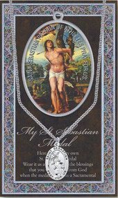  3" X 5" vinyl folder with removable oxidized medal. Patron of Athletes.  1.125" Genuine Pewter Saint Medal won a Stainless Steel Chain. Silver Embossed Pamphlet with Patron Saint Information and Prayer Included. Biography/History of the Saint and gives the Patron's attributes, Feast Day and Appropriate Prayer. (3.25"x 5.5")

 