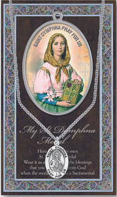 Patron Saint of Mentally Ill, Family Harmony, Runaways. A 1.125" Genuine Pewter Medal with Stainless Steel Chain. Gold Embossed  Prayer Card included with short biography of the saint included. (3.25"x 5.5")

 