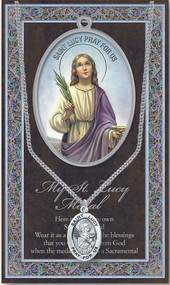 Patron Saint of the Blind, Eye Diseases and Salespeople. 1.125" Genuine Pewter Medal with Stainless Steel Chain. Gold Embossed  Prayer Card included with short biography of the saint included. (3.25"x 5.5")

 