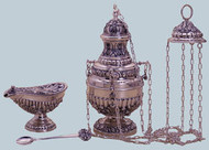 Censer & Boat - Copper Silver Plate or Copper Brass Finish Baroque design. Censer measures 12 3/4" Ht x 6 3/4" dia. Boat measures 5 4 3/8" Ht x 7 1/2" Long. This product is made in Spain and may take 3-4 weeks for delivery. 

 