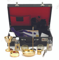 24kt gold plate.
Chalice Ht. 5 1/4".. 4 oz. 
Host Box Cap 55. 
Cross Ht. 5 1/2". 
Cruets 5 oz. 
Sprinkler 4 7/8". 
Open Cib. Ht. 4 1/2". 
Oil Stock 1 5/8". 
Case w/ lock 17 1/2" x 12 1/2"" x 5 1/2".