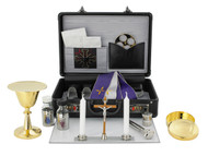 24kt gold plate. Kit inlcudes:  Chalice Ht. 5". 3 oz. with 4 1/8" scale paten; Host box cap.25; 1 oz. Cruets; Candles 5 1/4"; Cross Ht. 4 3/4"; Sprinkler 4 7/8";  Oil stock 1 5/8"; Case w/lock 12" x 8 1/2" x 4". Made in Europe