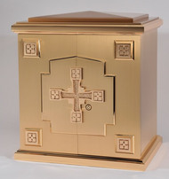 Overall Dimensions: Height 22-1/2″, Width 20″, Depth 15-3/4″.  Door Opening Height 16 3/4", Width 17 1/2". Tabernacle is made of bronze, bas relief sculpted decoration of satin and high polish bronze finish.  Other finishing options available upon request.  Interior is lined with white silk and aromatic cedar.  Independent action doors, vault locks and a durable oven baked finish.