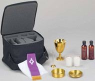Traveling Mass Kit with Soft Case - Soft side case 11 1/2" x 9" x 6" with die-cut superfoam inside. Includes 4 1/2" tall 24 K gold plated chalice, one combination paten/host (paten serves as lid for host box), a pair of votive glass candlesticks, one standing cruxifix, one each water and wine bottle. Includes priest's stole and altar linen.