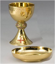 Chalice and Bowl Paten Set - Height of chalice: 7 1/2", Cup diameter: 4 1/2", 16 ounce capacity, cast node, sterling silver inner cup, Paten diameter: 6 ".