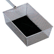 Basket measure 8 x 12 x 4" Deep, Nickel/Lined with Black felt. Rigid or Telescoping Handle. Telescoping Handle extends 45" - 66" 