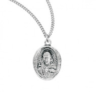 11/16" Sterling silver Scapular medal showing the Sacred Heart of Jesus on the oval shaped front and Our Lady of Mount Carmel on the reverse. The medal comes with an 18" genuine rhodium plated chain in a deluxe velour gift box.