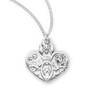 Sterling Silver 4-Way Medal Made in the USA. The heart shaped medal is adorned with St. Christopher, St. Joseph, Sacred Heart of Jesus, a Miraculous Medal and IHS.  18" genuine rhodium  plated curb chain is included with a deluxe velour gift Box. Made in the USA