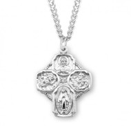 Solid .925 large sterling silver four-way combination Medal, Miraculous-Scapular-Saint Christopher-Saint Joseph medal.  Dimensions:  1.3" x 1.0" (32mm x 25mm).  Weight:  6.3 Grams.  Medal comes on a  24" genuine rhodium plated endless curb chain.  Deluxe velvet gift box. Made in USA