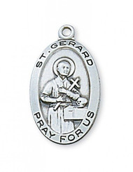 1" x 9/16" Sterlng Silver Saint Gerard Oval Medal. Sterlng Silver Saint Gerard Oval Medal comes on an 18"  rhodium plated curbchain. Saint Gerard is the patron saint of expectant mothers. Medal is engraveable. 