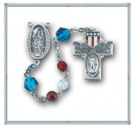 6mm Red , White Opal Swarovski Crystal Beads with 8mm Blue "Our Father" Beads. Sterling Silver "Our Lady of Victory Center" and Sterling Silver American Flag Cross with Rhodium Plated Findings. Deluxe Velour Gift Box Included.