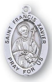 St Francis Xavier - Patron Saint of all Foreign Missions- 7/8" oval medal.  Comes with a 20" genuine rhodium plated chain and in a deluxe velour gift box. Engraving option available.