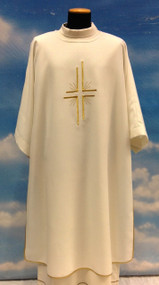 Dalmatic with plain neckline in Primavera fabric (100% polyester) with embroidered cross in front only. Inside stole included.  Dalmatic: width 60" x height 47". Available in all liturgical colors.