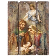 17" distressed wall plaque ~ "plank style" of the Holy Family with an Angel. Dimensions: 17"H  x13"W x 0.75"D. Materials: Medium density wall board