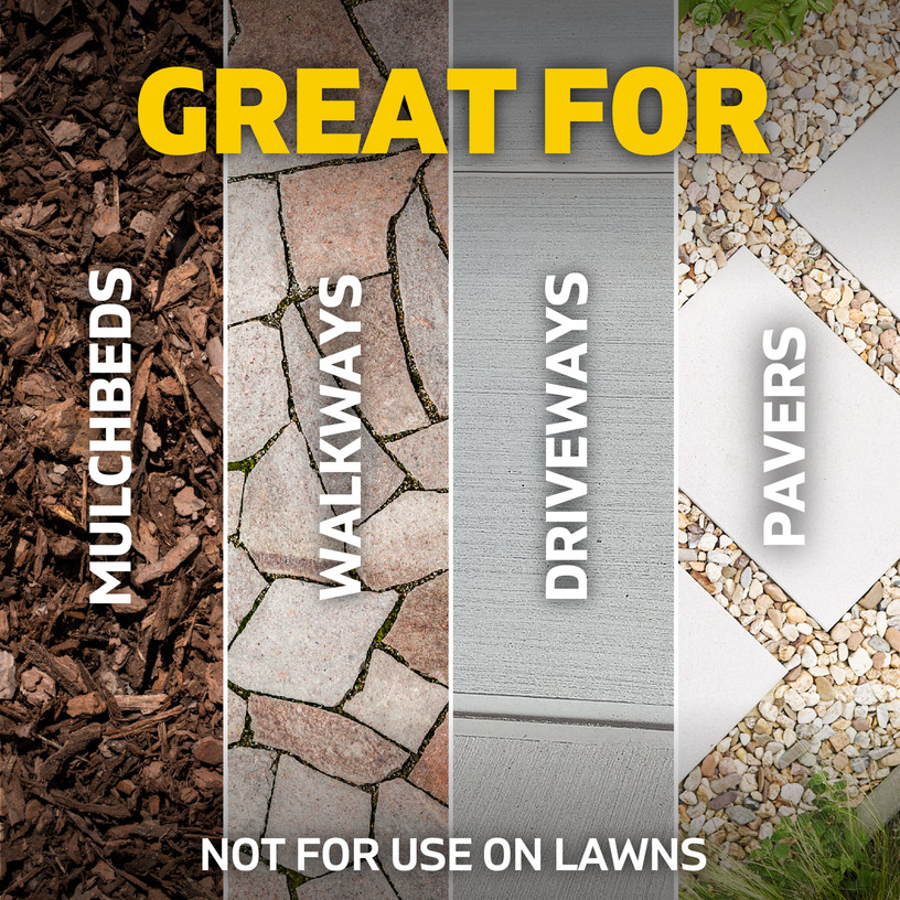 Great for mulch beds, walkways, driveways, and pavers. Not for use on lawns.