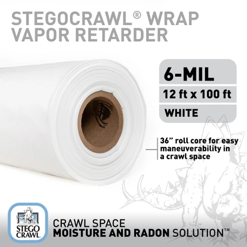 stegocrawl wrap 6-mil vapor retarder product details - 12' x 100', white, 36" roll core